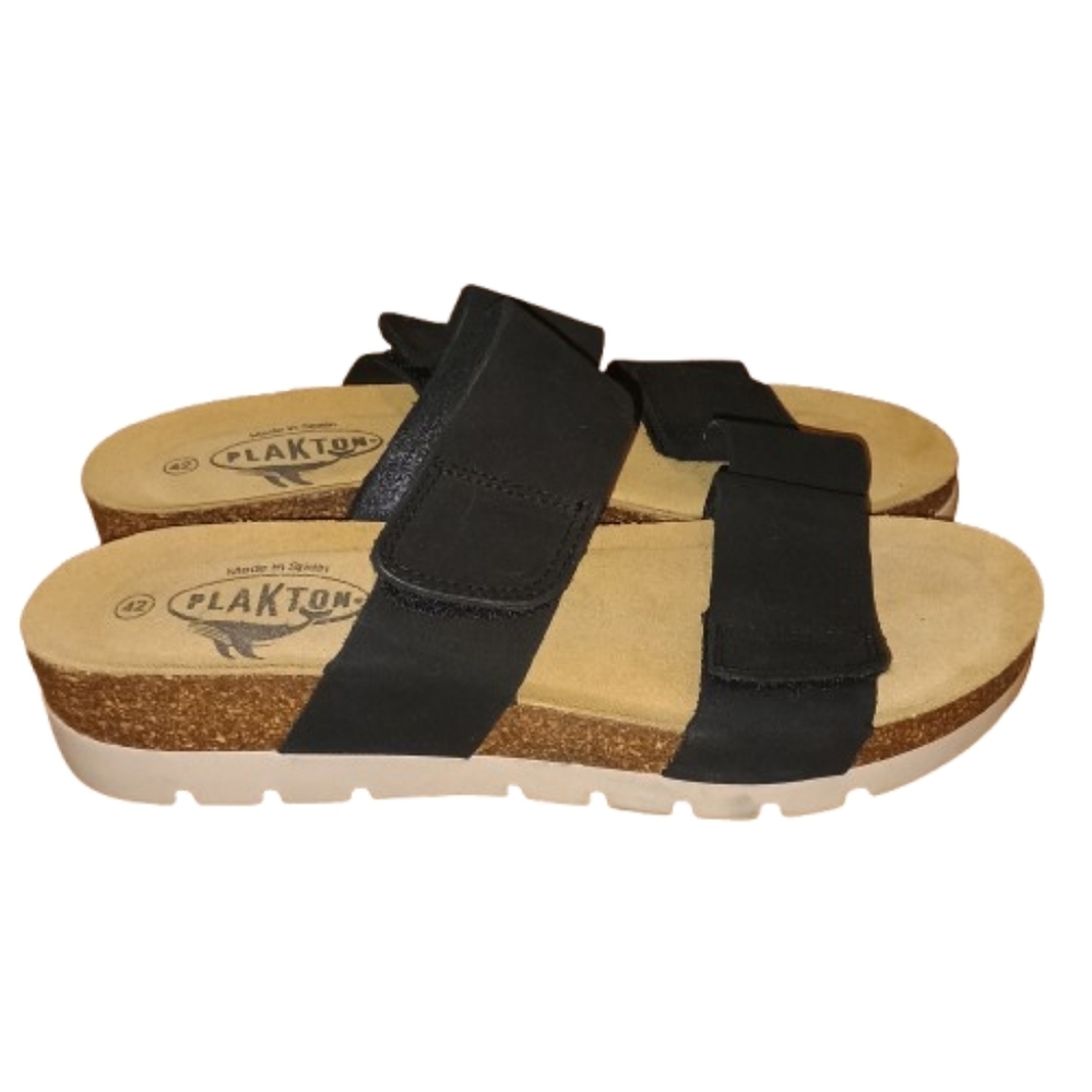 Plakton Women’s Sandals Size 11 Black Cork Footbed Adjustable Memory Cushion‎